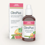 Eine Flasche und eine Schachtel mit CitroPlus® 800 (Bio) FR von gse.organic.supplements, gekennzeichnet als Bio-Grapefruit-Extrakt mit Bioflavonoiden. Die Verpackung zeigt ein Bild der Grapefruit und weist auf die Merkmale vegan, glutenfrei und laktosefrei hin.