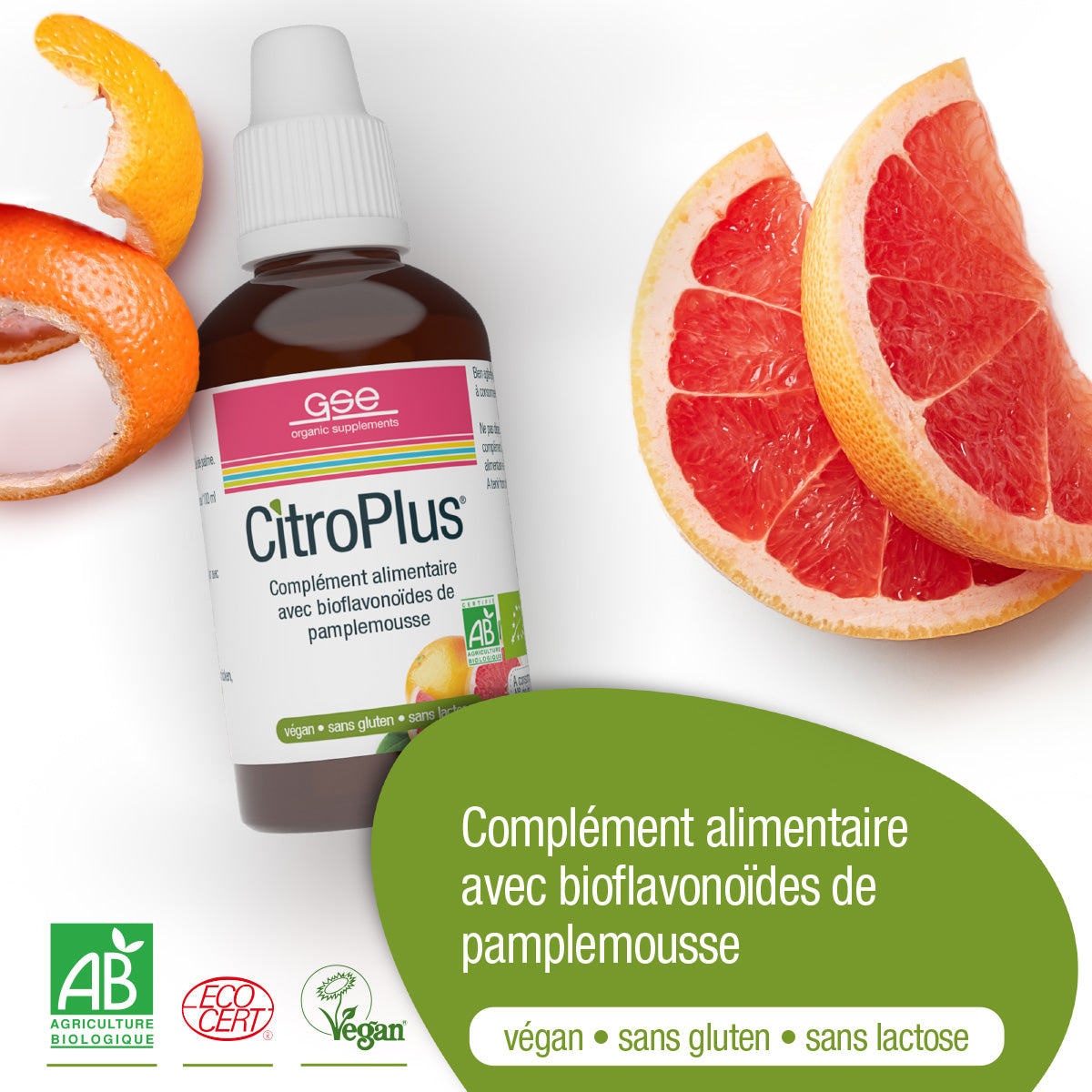 Eine Flasche CitroPlus® 800 (Bio) FR von gse.organic.supplements ist neben frischen Grapefruitscheiben abgebildet. Das Etikett weist auf veganen, glutenfreien und laktosefreien Grapefruit-Extrakt mit Bioflavonoiden hin und zeigt Bio- und EcoCert-Logos.