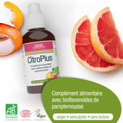 Eine Flasche CitroPlus® 800 (Bio) FR von gse.organic.supplements ist neben frischen Grapefruitscheiben abgebildet. Das Etikett weist auf veganen, glutenfreien und laktosefreien Grapefruit-Extrakt mit Bioflavonoiden hin und zeigt Bio- und EcoCert-Logos.