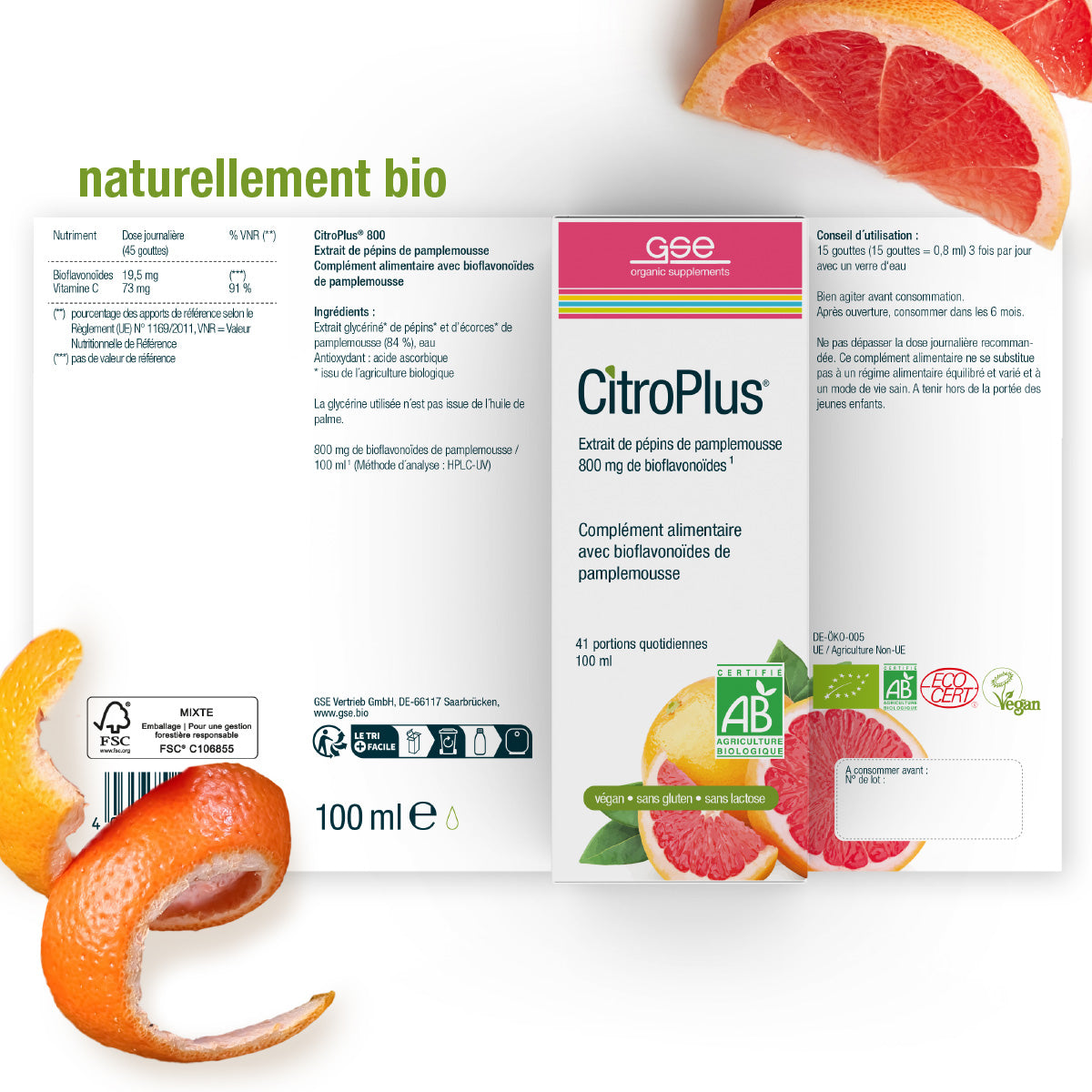 Schachtel mit CitroPlus® 800 (Bio) FR von gse.organic.supplements, mit Grapefruitscheiben und -schalen. Mit Bio-, Vegan- und AB-Zertifizierung. Die französische Produktinformation erscheint im Hintergrund.