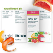 Schachtel mit CitroPlus® 800 (Bio) FR von gse.organic.supplements, mit Grapefruitscheiben und -schalen. Mit Bio-, Vegan- und AB-Zertifizierung. Die französische Produktinformation erscheint im Hintergrund.