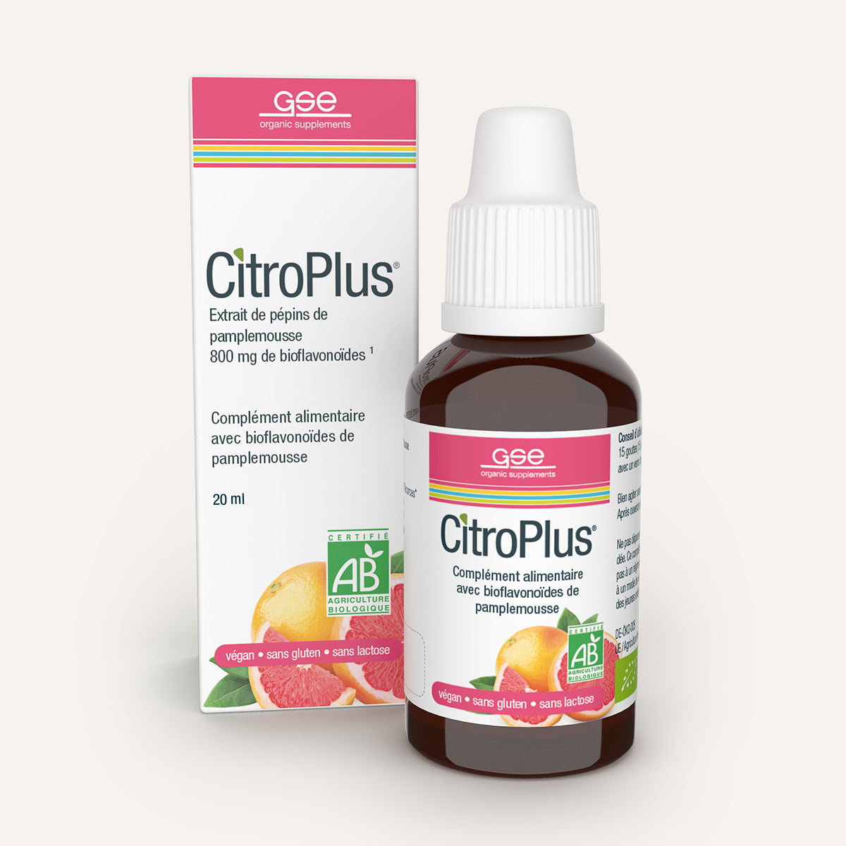 Eine Flasche CitroPlus® 800 (Bio) FR von gse.organic.supplements mit der dazugehörigen Schachtel, beide mit Bildern von Grapefruits und einem Text, der 800 mg Bioflavonoide, Veganität, Glutenfreiheit und Bio-Zertifizierung hervorhebt.