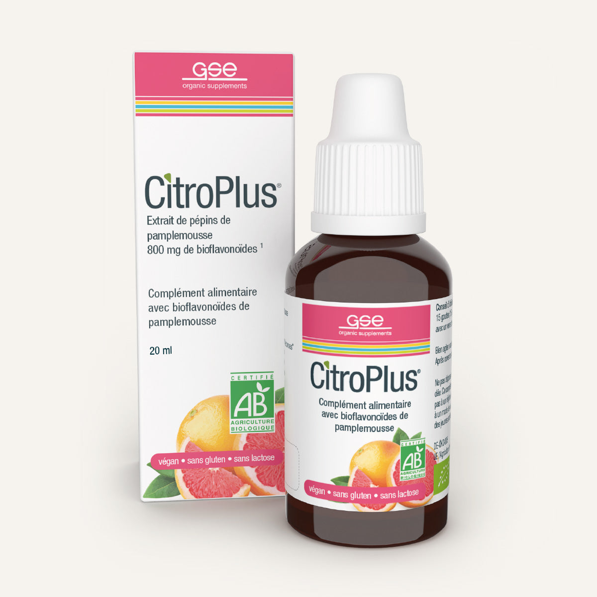 Eine Flasche CitroPlus® 800 (Bio) FR von gse.organic.supplements mit ihrer Verpackung, beide mit Grapefruitscheiben und französischem Text. Zu den Highlights gehören vegan, glutenfrei, laktosefrei und reich an pflanzlichen Bioflavonoiden.