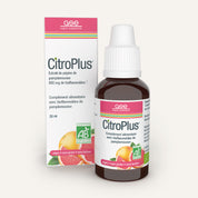 Eine Flasche CitroPlus® 800 (Bio) FR von gse.organic.supplements mit ihrer Verpackung, beide mit Grapefruitscheiben und französischem Text. Zu den Highlights gehören vegan, glutenfrei, laktosefrei und reich an pflanzlichen Bioflavonoiden.