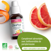 Eine Flasche CitroPlus® 800 (Bio) FR von gse.organic.supplements ist mit Grapefruitscheiben und -schalen abgebildet. Das Etikett hebt hervor, dass es vegan, glutenfrei, laktosefrei und reich an Bioflavonoiden ist. Ein französischer Text beschreibt seine Vorteile.