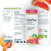 Schachtel mit CitroPlus® 800 (Bio) FR von gse.organic.supplements. Die französische Verpackung mit Grapefruitmotiven hebt die vegane, biologische Formel und 800 mg Bioflavonoide hervor.