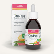 Eine 250-ml-Flasche und eine Schachtel gse.organic.supplements CitroPlus® 800 (Bio) FR Flüssigextrakt aus Grapefruitkernen mit Tropfverschluss; die Verpackung zeigt Grapefruits und hebt die biologischen, veganen, glutenfreien und laktosefreien Bioflavonoide hervor.
