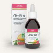 Eine Flasche CitroPlus® 800 (Bio) FR von gse.organic.supplements mit einem Tropfverschluss steht vor der Schachtel mit einer biologischen, veganen und glutenfreien Formel, die reich an 800 mg Bioflavonoiden ist.
