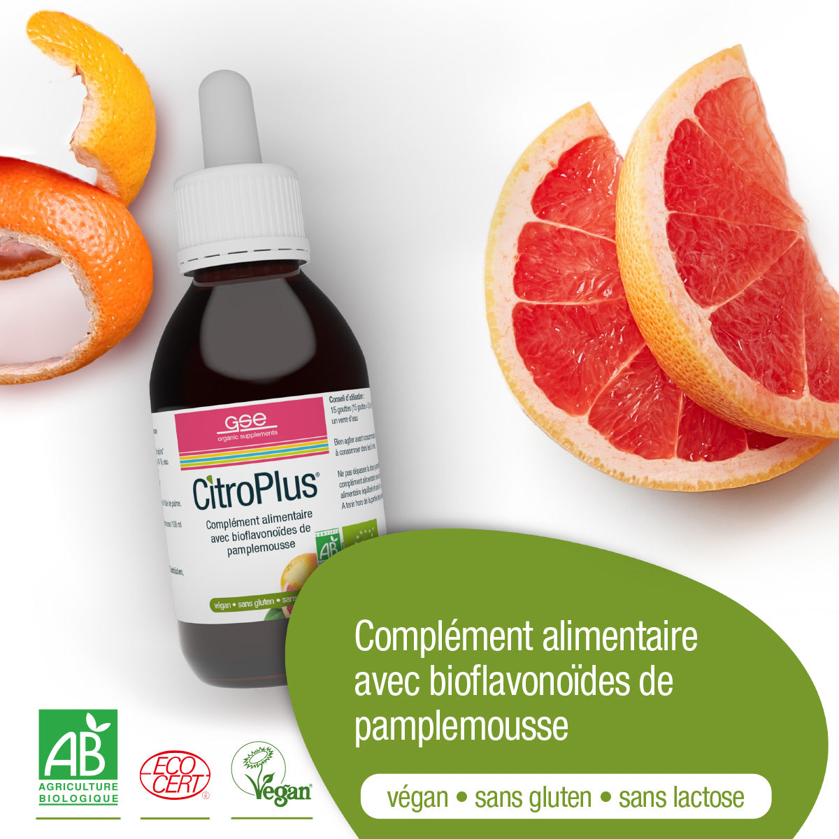 Eine Flasche CitroPlus® 800 (Bio) FR von gse.organic.supplements ruht auf einer weißen Fläche, umgeben von Grapefruitscheiben und -schalen. Der Text hebt die vegane, glutenfreie, laktosefreie und biozertifizierte Bioflavonoid-Formel hervor.