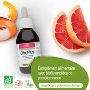 Eine Flasche CitroPlus® 800 (Bio) FR von gse.organic.supplements ruht auf einer weißen Fläche, umgeben von Grapefruitscheiben und -schalen. Der Text hebt die vegane, glutenfreie, laktosefreie und biozertifizierte Bioflavonoid-Formel hervor.
