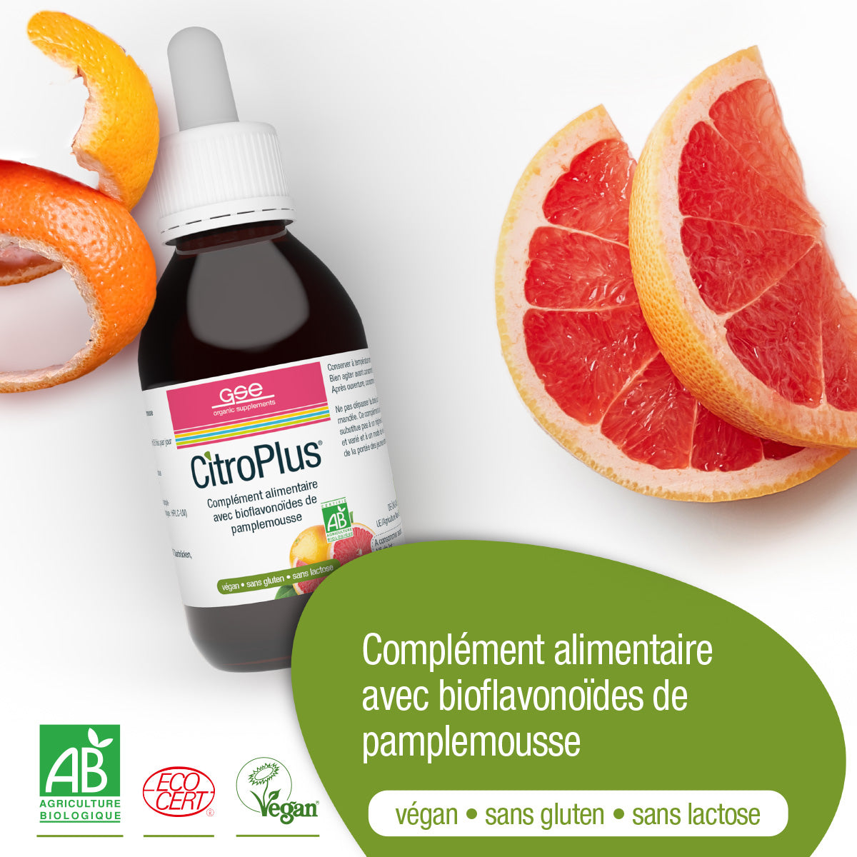 Eine Flasche CitroPlus® 800 (Bio) FR von gse.organic.supplements steht neben einer aufgeschnittenen Grapefruit und hebt die biologischen, veganen, glutenfreien und laktosefreien Eigenschaften hervor. Reich an Bioflavonoiden und sekundären Pflanzenstoffen. Abgebildeter französischer Text.