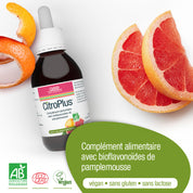 Eine Flasche CitroPlus® 800 (Bio) FR von gse.organic.supplements steht neben einer aufgeschnittenen Grapefruit und hebt die biologischen, veganen, glutenfreien und laktosefreien Eigenschaften hervor. Reich an Bioflavonoiden und sekundären Pflanzenstoffen. Abgebildeter französischer Text.