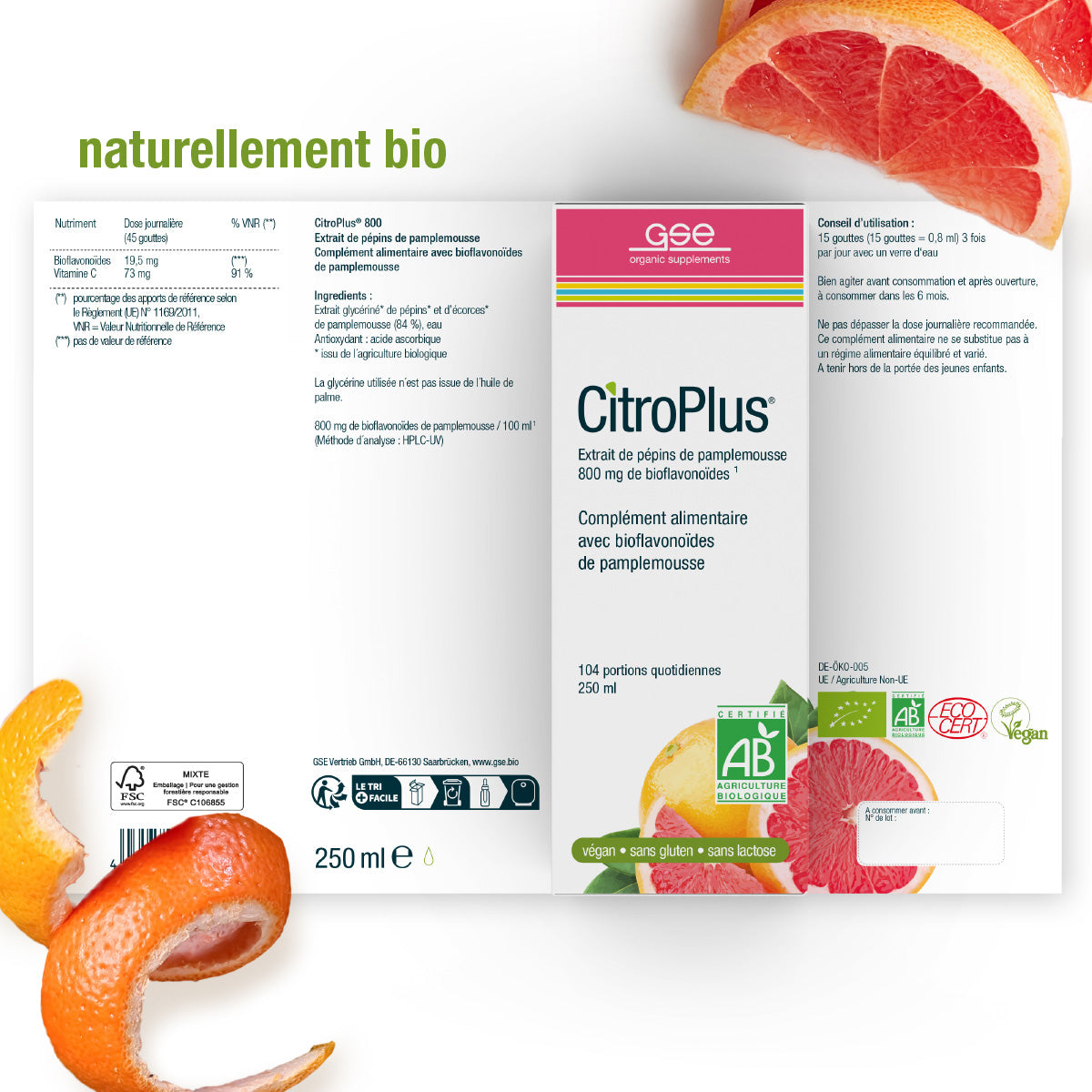 Das Bild zeigt CitroPlus® 800 (Bio) FR von gse.organic.supplements, ein 250 ml Bio-Grapefruit-Extrakt-Ergänzungsmittel mit Bioflavonoiden. Die Verpackung ist vegan, gluten- und laktosefrei und wird zwischen Grapefruitscheiben und -schalen gezeigt.