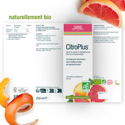 Das Bild zeigt CitroPlus® 800 (Bio) FR von gse.organic.supplements, ein 250 ml Bio-Grapefruit-Extrakt-Ergänzungsmittel mit Bioflavonoiden. Die Verpackung ist vegan, gluten- und laktosefrei und wird zwischen Grapefruitscheiben und -schalen gezeigt.