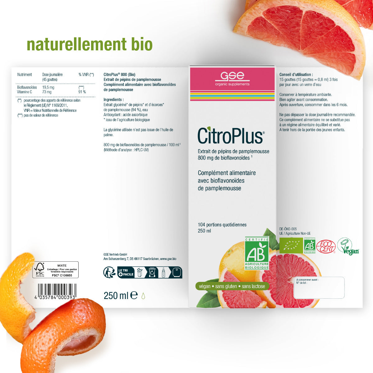 Die CitroPlus® 800 (Bio) FR Supplementbox von gse.organic.supplements zeigt französischen Text, Grapefruitscheiben, AB Bio-, vegan und glutenfrei-Logos. Enthält sekundäre Pflanzenstoffe und Bioflavonoide. "Naturellement bio" steht oben links.