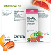 Die CitroPlus® 800 (Bio) FR Supplementbox von gse.organic.supplements zeigt französischen Text, Grapefruitscheiben, AB Bio-, vegan und glutenfrei-Logos. Enthält sekundäre Pflanzenstoffe und Bioflavonoide. "Naturellement bio" steht oben links.