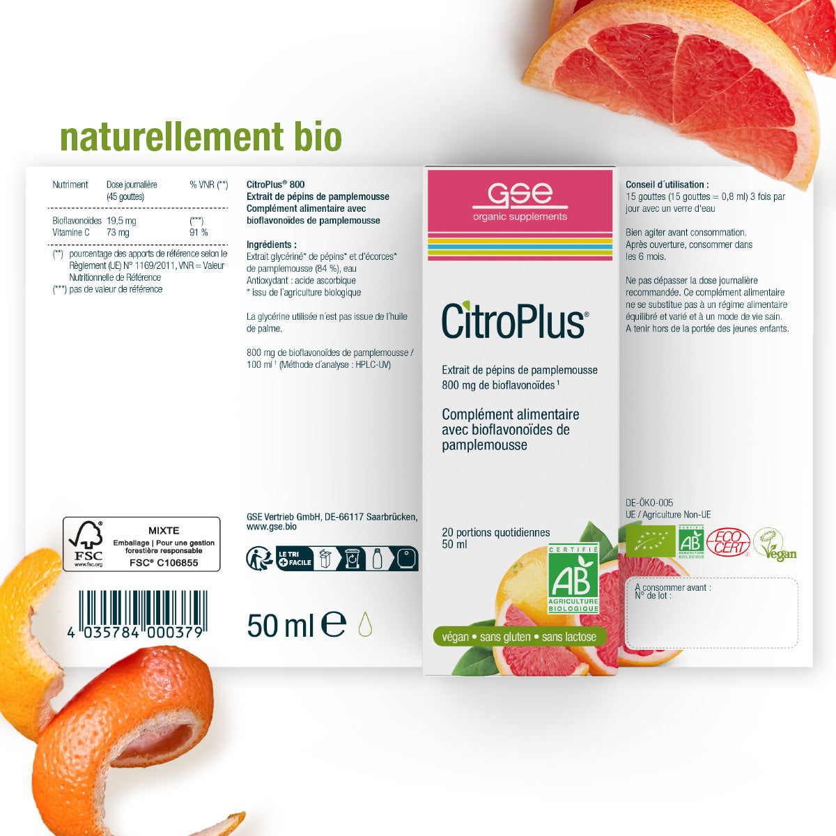 Schachtel mit CitroPlus® 800 (Bio) FR von gse.organic.supplements, 50 ml flüssiges Nahrungsergänzungsmittel mit französischem Text, Zertifizierungslogos und Grapefruit- und Orangenschalen im Hintergrund. Reich an Bioflavonoiden für natürliches Wohlbefinden.