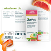 Schachtel mit CitroPlus® 800 (Bio) FR von gse.organic.supplements, 50 ml flüssiges Nahrungsergänzungsmittel mit französischem Text, Zertifizierungslogos und Grapefruit- und Orangenschalen im Hintergrund. Reich an Bioflavonoiden für natürliches Wohlbefinden.