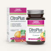 Eine Flasche und eine Schachtel CitroPlus® Tabletten (Bio) FR von gse.organic.supplements, in weißer Verpackung mit grünen und violetten Akzenten, mit Grapefruit-Motiven. Die Tabletten sind vegan, glutenfrei und laktosefrei.