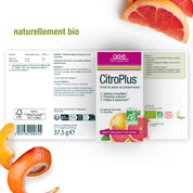 Verpackung von CitroPlus® Tabletten (Bio) FR von gse.organic.supplements, gekennzeichnet als biologisch und vegan, mit Bildern von Grapefruit- und Orangenschalen. Highlights sind die Unterstützung des Immunsystems, der Schutz durch Antioxidantien und natürliche Bioflavonoide.