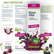 Vorder- und Rückseitenetikett von gse.organic.supplements "Eisen Vital Complex (Bio)" mit gemischten Beerenspritzern, grünem Bio-Etikett, deutschem Text, Produktinformation, veganen/glutenfreien Symbolen und pflanzlichem Eisen.