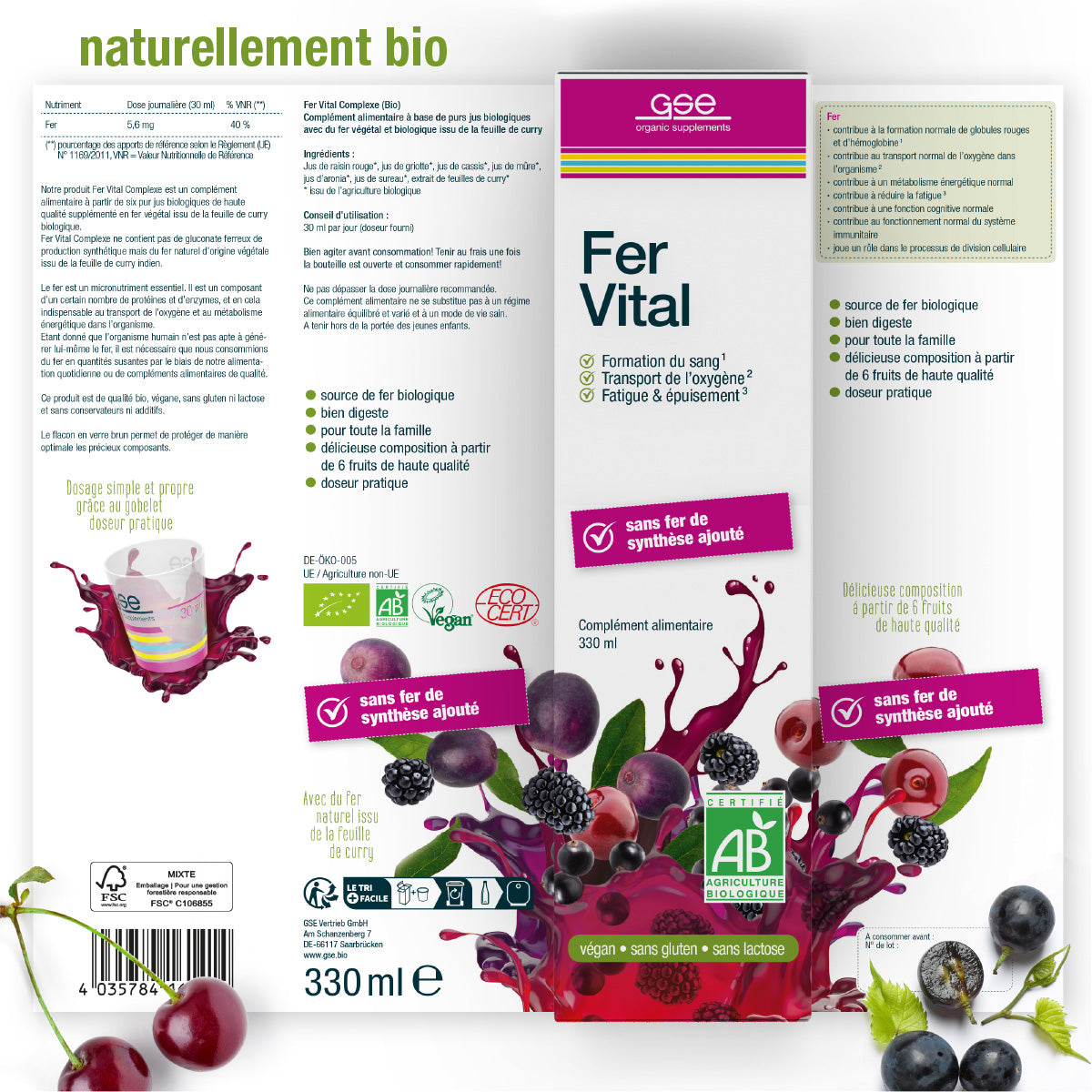 Etikett für Eisen Vital Complex (Bio) FR von gse.organic.supplements, mit Beeren und dunklen Früchten in rotem Saft. Hervorzuheben ist das biologische Eisen auf pflanzlicher Basis - vegan, glutenfrei, laktosefrei und frei von synthetischen Zusatzstoffen.