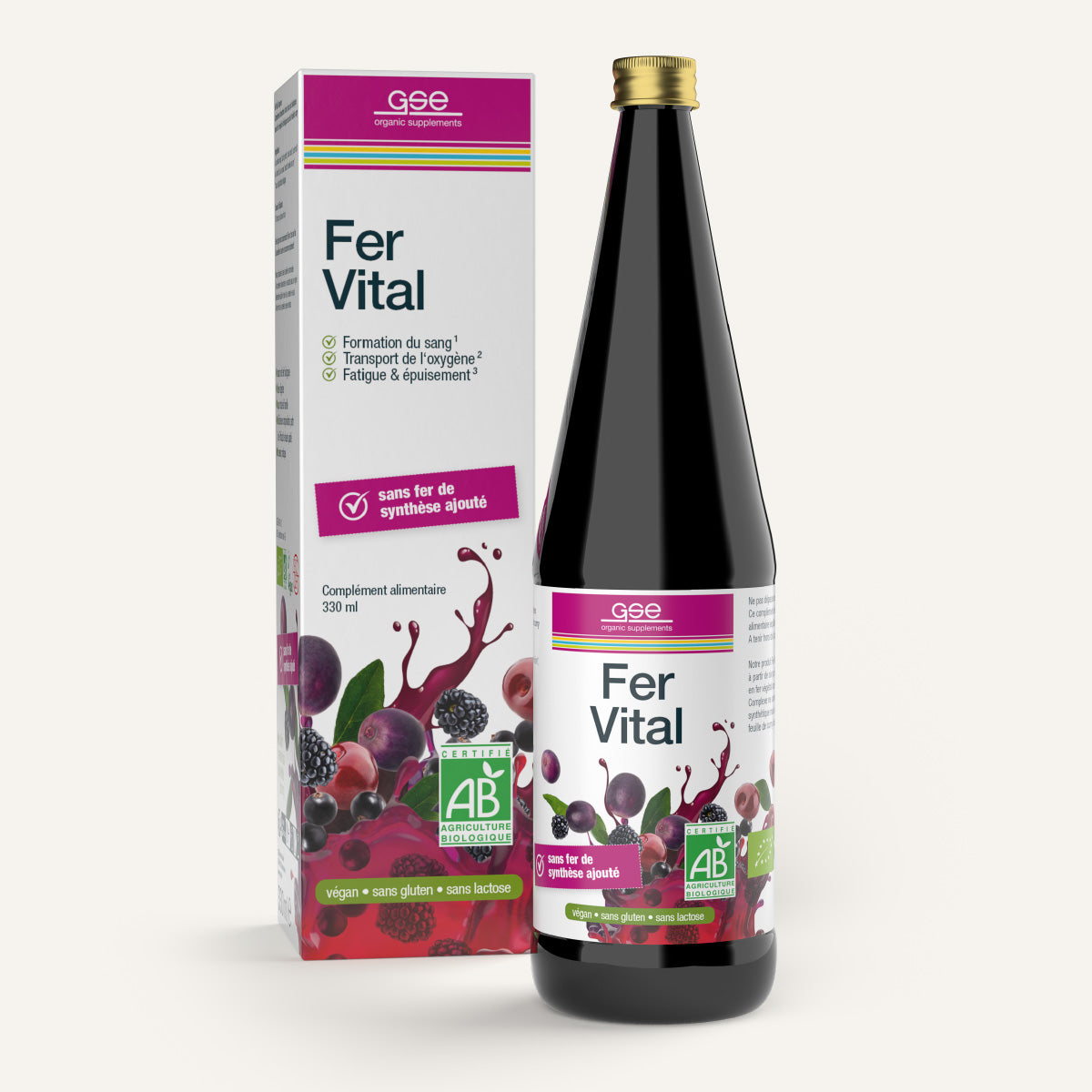 Eine Flasche und eine Schachtel gse.organic.supplements Eisen Vital Complex (Bio) FR mit Abbildungen von Obst und Gemüse auf einer weißen, veganen und glutenfreien Verpackung, die das Eisen zur Unterstützung des Immunsystems hervorhebt - enthält kein synthetisches Eisen.