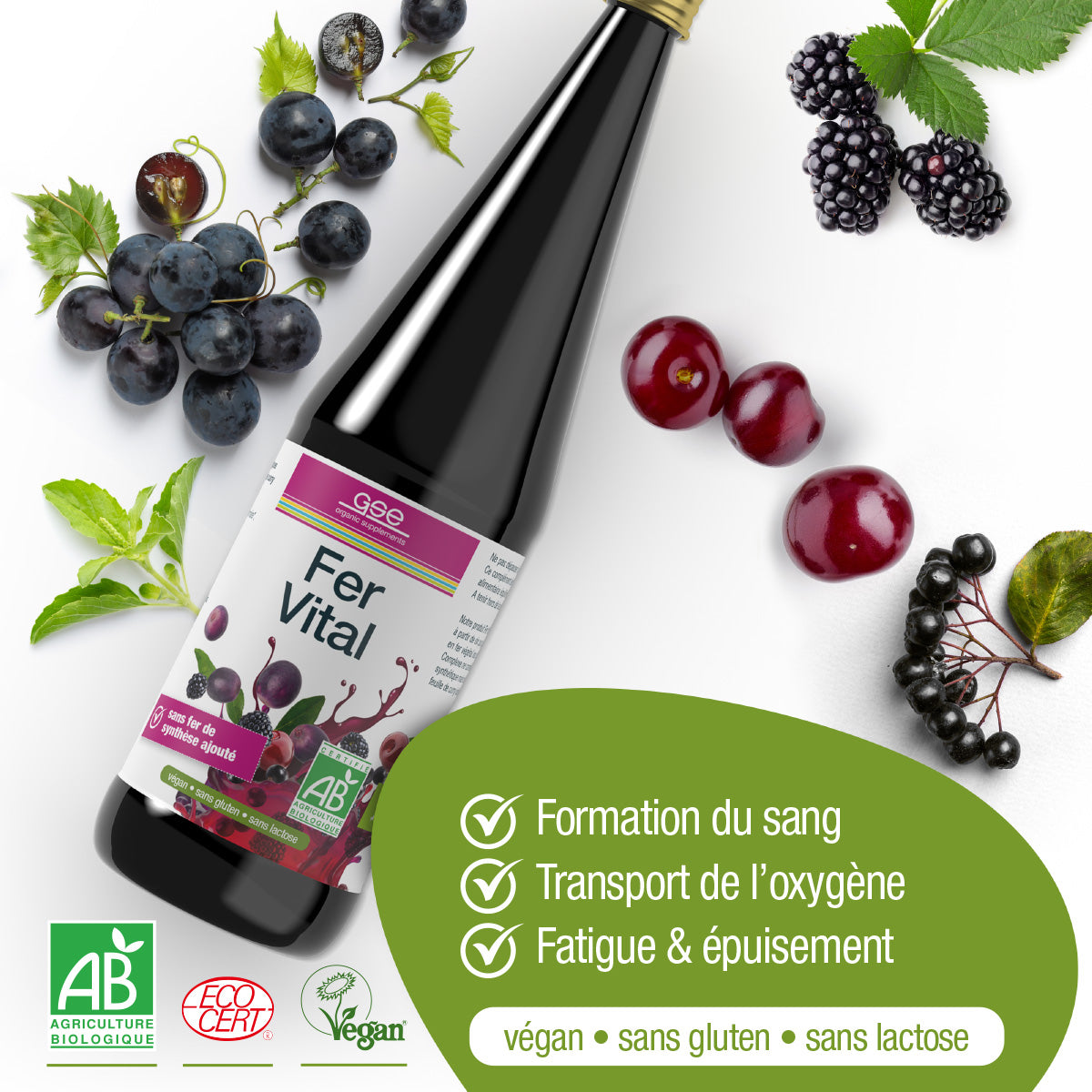 Eine Flasche Eisen Vital Complex (Bio) FR von gse.organic.supplements ruht auf einer weißen Fläche mit schwarzen Johannisbeeren und Kirschen. Vorteile: unterstützt die Blutbildung, den Sauerstofftransport, die Immunität, reduziert die Müdigkeit. Vegan, glutenfrei, laktosefrei, biologisch.