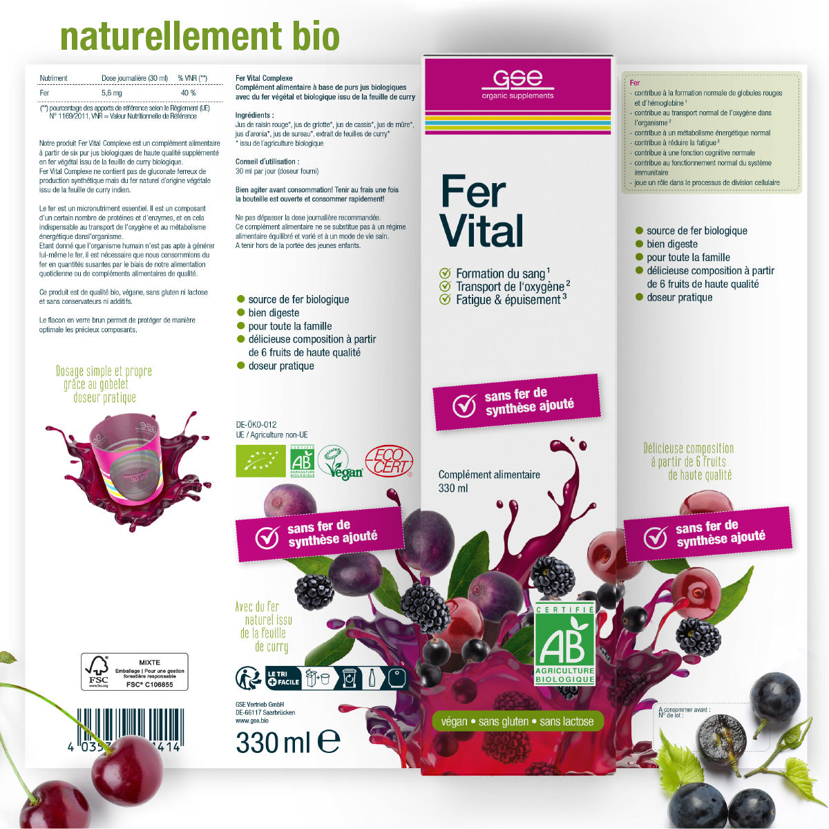 laktosefreien Symbolen, kein synthetisches Eisen; französischer Text hebt das Immunsystem und andere Vorteile hervor.