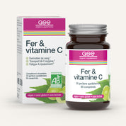 Eine Flasche und eine Schachtel gse.organic.supplements Eisen & Vitamin C Complex (Bio)FR haben eine weiße Verpackung mit rosafarbenen Akzenten und Traubenbildern, die darauf hinweisen, dass das Produkt auf pflanzlicher Basis, aus biologischem Eisen, vegan, glutenfrei und laktosefrei ist.