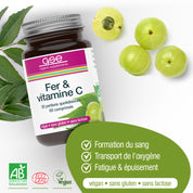 Eine Flasche gse.organic.supplements Eisen & Vitamin C Complex (Bio)FR liegt neben frischen Amla-Scheiben. Der Text hebt die Vorteile hervor: unterstützt die Blutbildung, den Sauerstofftransport, reduziert Müdigkeit. Die Plaketten zeigen, dass es vegan und frei von Gluten und Laktose ist.