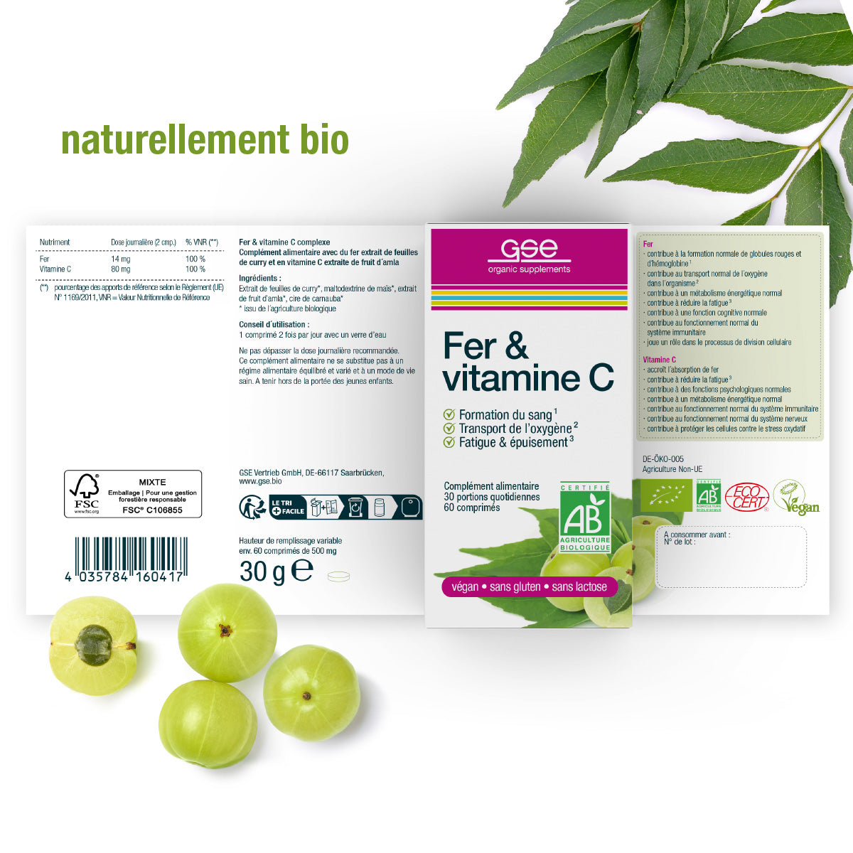 Verpackung von Eisen & Vitamin C Complex (Bio)FR von gse.organic.supplements mit Nährwertangaben, Bildern von Amla-Beeren und grünen Blättern sowie dem Schriftzug naturellement bio oben links.