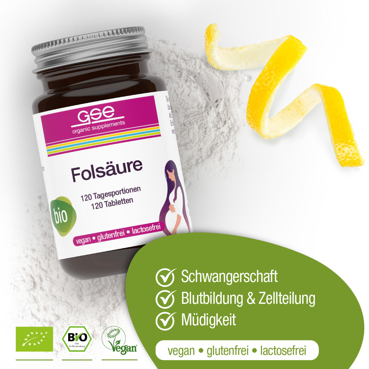 Eine Flasche gse.organic.supplements Folsäure Compact (Bio) Tabletten liegt auf weißem Pulver, daneben eine Zitronenschale; das grüne Etikett weist auf die Vorteile für Schwangerschaft, Stillen, Blutbildung und Zellteilung hin - vegan, gluten- und laktosefrei.