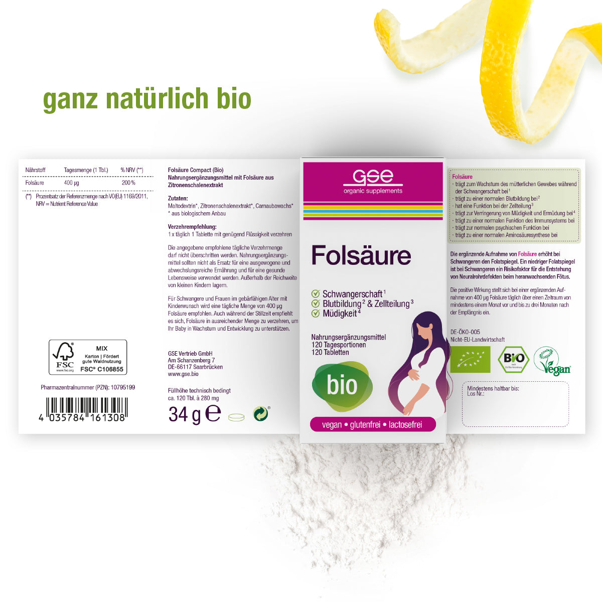 Die Verpackung von gse.organic.supplements Folsäure Compact (Bio) enthält einen deutschen Text zu Inhaltsstoffen, Nährwerten, Bio- und Vegan-Zertifizierung und ein Logo. Mit Zitronenschalenpulver und "ganz natürlich bio"-ideal während der Schwangerschaft und Stillzeit.