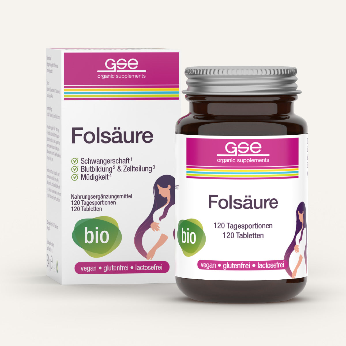 Eine braune Glasflasche und eine Schachtel mit der Aufschrift gse.organic.supplements Folsäure Compact (Bio) mit grünen, lila und rosa Akzenten. Beide zeigen vegane, glutenfreie, laktosefreie Bio-Folsäure-Tabletten für Schwangerschaft und Stillzeit sowie eine Illustration einer schwangeren Frau.