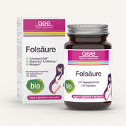 Eine braune Glasflasche und eine Schachtel mit der Aufschrift gse.organic.supplements Folsäure Compact (Bio) mit grünen, lila und rosa Akzenten. Beide zeigen vegane, glutenfreie, laktosefreie Bio-Folsäure-Tabletten für Schwangerschaft und Stillzeit sowie eine Illustration einer schwangeren Frau.