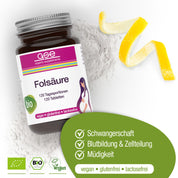 Auf einer weißen Fläche steht ein Döschen mit gse.organic.supplements Folsäure Compact (Bio) Tabletten. Die vegane, glutenfreie und laktosefreie Rezeptur unterstützt die Blutbildung, die Zellteilung, die Schwangerschaft und die Stillzeit.