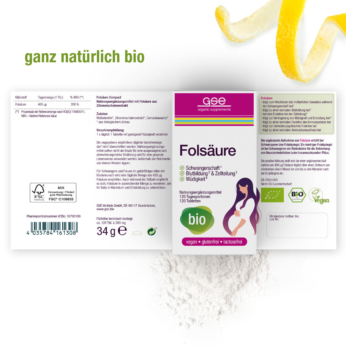 Eine Schachtel gse.organic.supplements Folsäure Compact (Bio) liegt auf weißem Pulver, daneben eine Zitronenschale. Der Text weist darauf hin, dass es vegan, glutenfrei und laktosefrei ist - ideal für Schwangerschaft und Stillzeit. Darüber steht "Ganz natürlich bio".