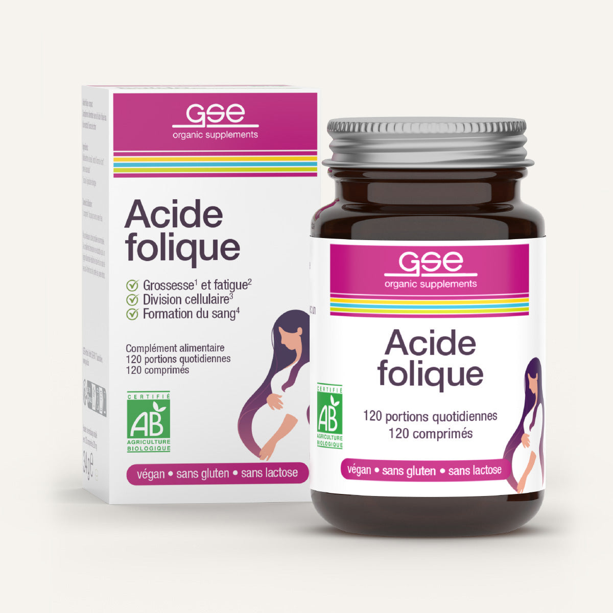 Eine Flasche und eine Schachtel gse.organic.supplements Folsäure Compact (Bio) FR mit der Abbildung einer schwangeren Frau. Das Etikett hebt die Vorteile bei Schwangerschaft, Müdigkeit und Zellteilung hervor. Vegan, glutenfrei und laktosefrei.