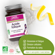 Ein Döschen Folsäure Compact (Bio) FR von gse.organic.supplements mit Zitronenschale daneben. Das vegane, glutenfreie und laktosefreie Etikett weist auf die Unterstützung von Schwangerschaft, Zellteilung und Blutbildung hin.