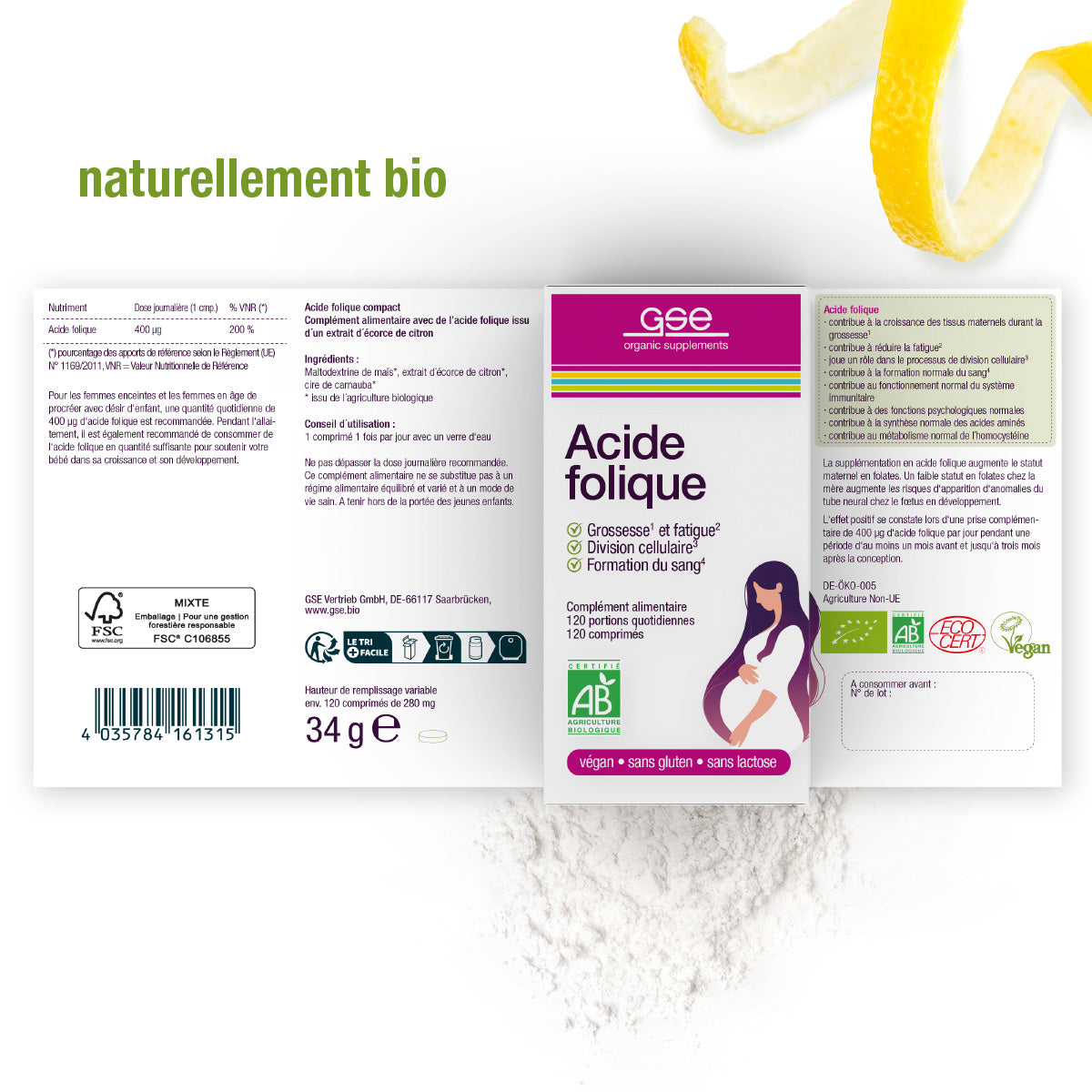 Verpackung für gse.organic.supplements Folsäure Compact (Bio) FR: eine weiße Schachtel mit lilafarbenen Akzenten und den Symbolen für vegan, glutenfrei und laktosefrei. Ideale vegane Folsäure für alle, besonders während der Schwangerschaft. Oben steht "Naturellement bio".