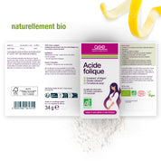 Verpackung für gse.organic.supplements Folsäure Compact (Bio) FR: eine weiße Schachtel mit lilafarbenen Akzenten und den Symbolen für vegan, glutenfrei und laktosefrei. Ideale vegane Folsäure für alle, besonders während der Schwangerschaft. Oben steht "Naturellement bio".