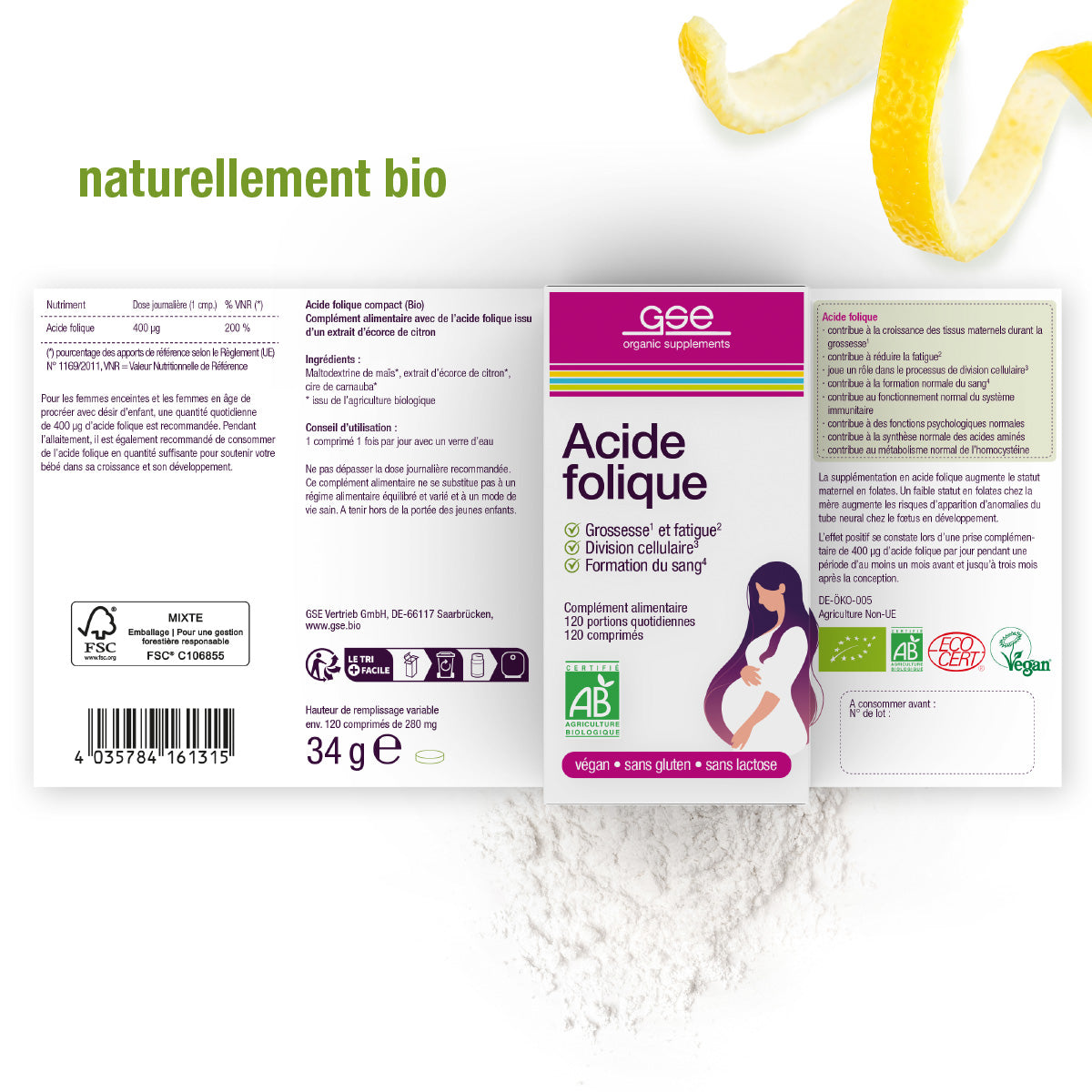 Schachtel und Packungsbeilage für Folsäure Compact (Bio) FR von gse.organic.supplements, mit grünem und violettem Design, veganen und glutenfreien Symbolen, französischem Text sowie einer gelben Zitronenschale und Pulver im Hintergrund.