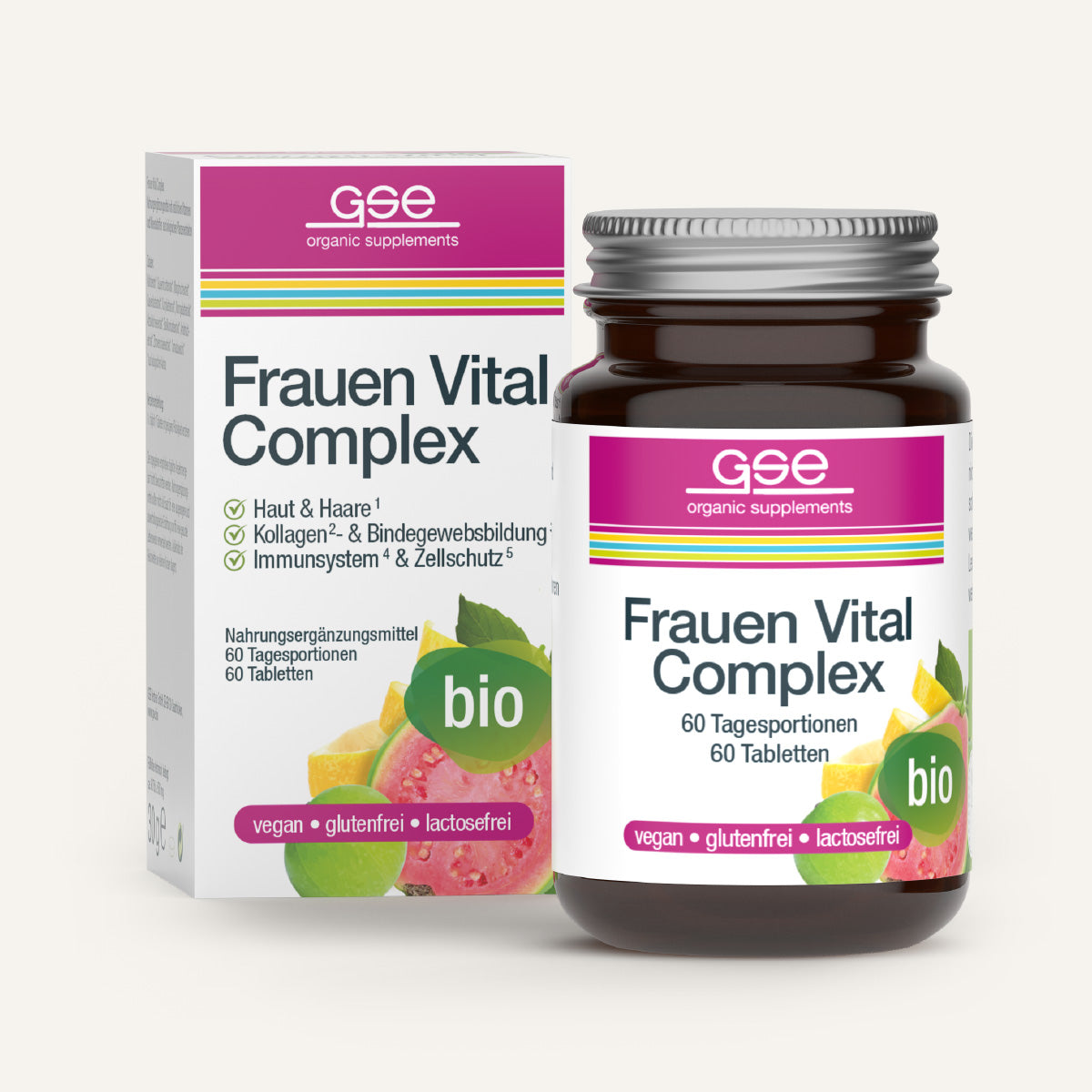 Eine Flasche und eine Schachtel gse.organic.supplements Frauen Vital Complex (Bio), gekennzeichnet als vegan, glutenfrei, laktosefrei und biologisch, mit rosa und grüner Verpackung, Fruchtbildern, deutschem Text und biozertifizierten Nährstoffen.