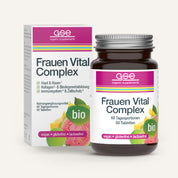 Eine Flasche und eine Schachtel gse.organic.supplements Frauen Vital Complex (Bio), gekennzeichnet als vegan, glutenfrei, laktosefrei und biologisch, mit rosa und grüner Verpackung, Fruchtbildern, deutschem Text und biozertifizierten Nährstoffen.