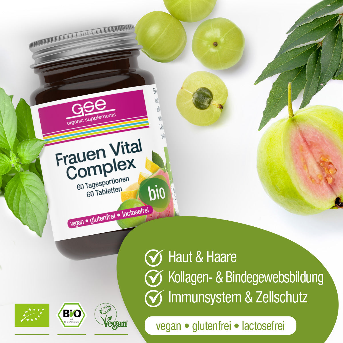 Eine Dose Frauen Vital Complex (Bio) von gse.organic.supplements ist mit grünen Blättern und Stachelbeeren abgebildet. Kennzeichnet vegan, gluten- & laktosefrei, bio; enthält pflanzliche Vitamine, biozertifizierte Nährstoffe, und unterstützt Haar, Haut & Immunsystem.