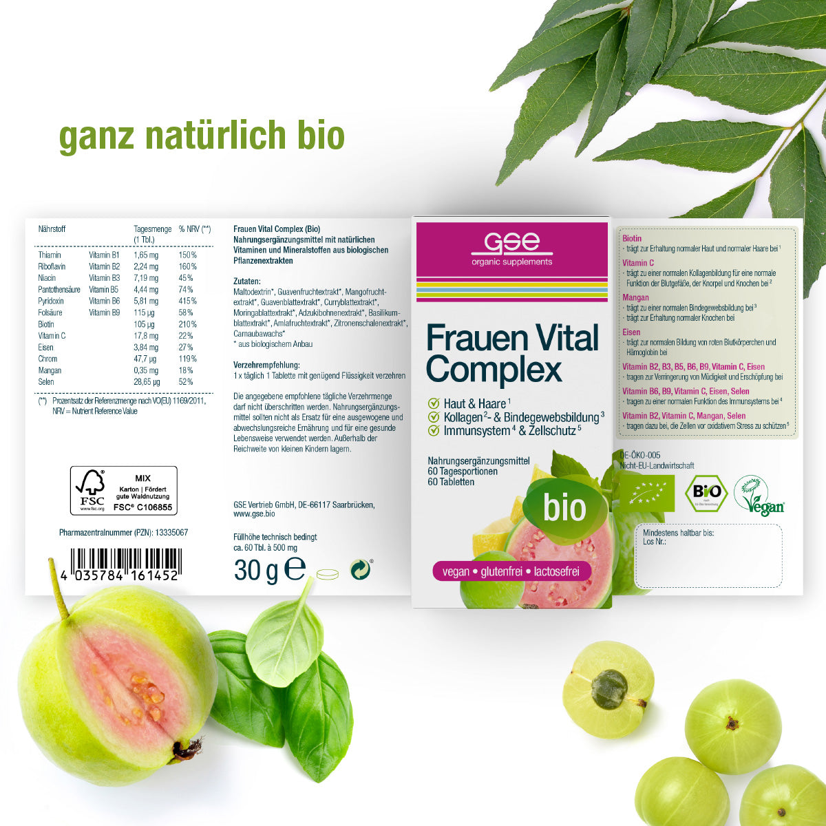 Ein Produktetikett für Frauen Vital Complex (Bio) von gse.organic.supplements zeigt bio-zertifizierte Nährstoffe, Vitamine auf pflanzlicher Basis, Nährwertangaben, Zertifizierungen, eine Bio-Plakette und Bilder von Guave, Indischer Stachelbeere, Blättern und "ganz natürlich bio".