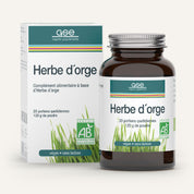 Eine braune Glasflasche und Schachtel mit der Aufschrift Gerstengras Pulver (Bio) FR von gse.organic.supplements, mit grüner Grasgrafik. Das vegane, laktosefreie Etikett weist darauf hin, dass es biozertifiziert ist und nährstoffreiches Gerstengraspulver enthält.