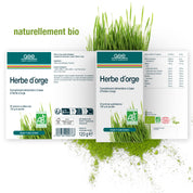 Die Verpackung für Gerstengras Pulver (Bio) FR von gse.organic.supplements zeigt frisches grünes Gerstengras, Pulver und Nährwertangaben. Der Text hebt biozertifiziert, vegan, nährstoffreich, laktosefrei hervor. Oben erscheint "Naturelement bio".