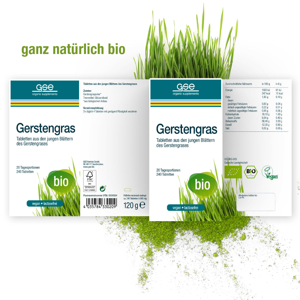 Box der Gerstengras Tabletten (Bio) von gse.organic.supplements mit Getreidegräser-Illustration, sichtbaren Vegan- und Laktosefrei-Symbolen sowie Nährwertangaben; grünes Gras ziert den Hintergrund.